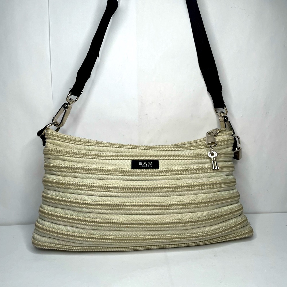 Classic BAM BAG Zip Beige Lock Key Adjustable Shoulder Bag